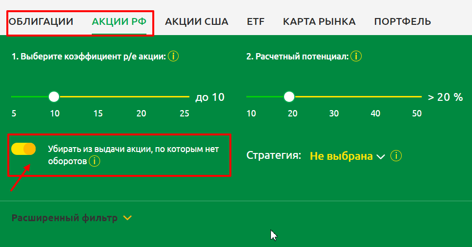 Сортировка ценных бумаг по ликвидности в сервисе Радар
