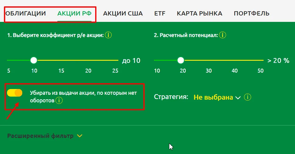 Сортировка ценных бумаг по ликвидности в сервисе Радар