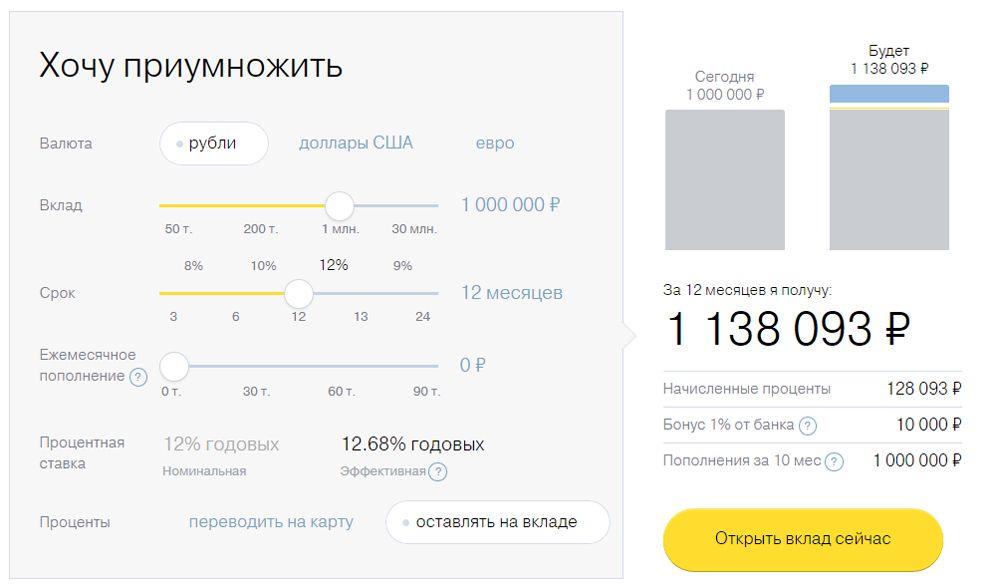 Условия вклада в банке Тинькофф