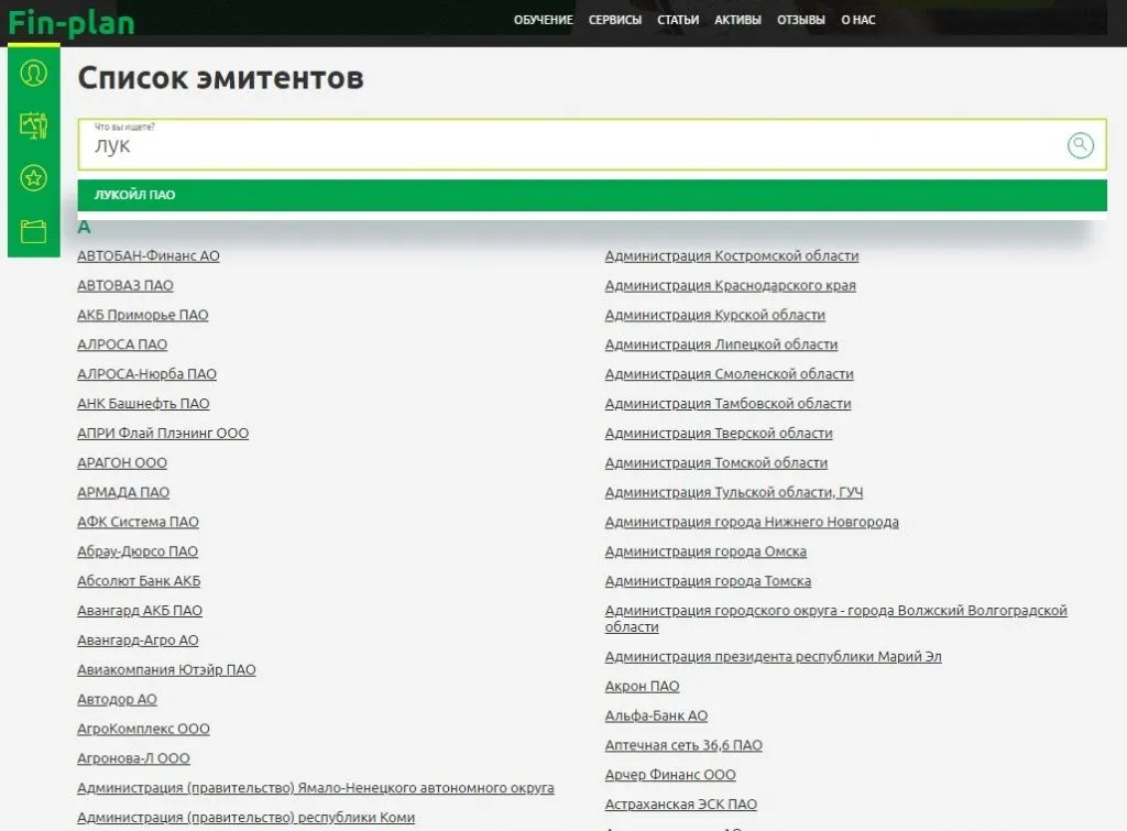 Список эмитентов в сервисе Fin-plan Radar