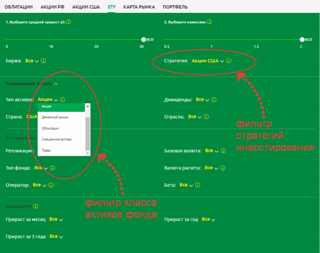 Фильтр ETF в сервисе Fin-Plan Radar