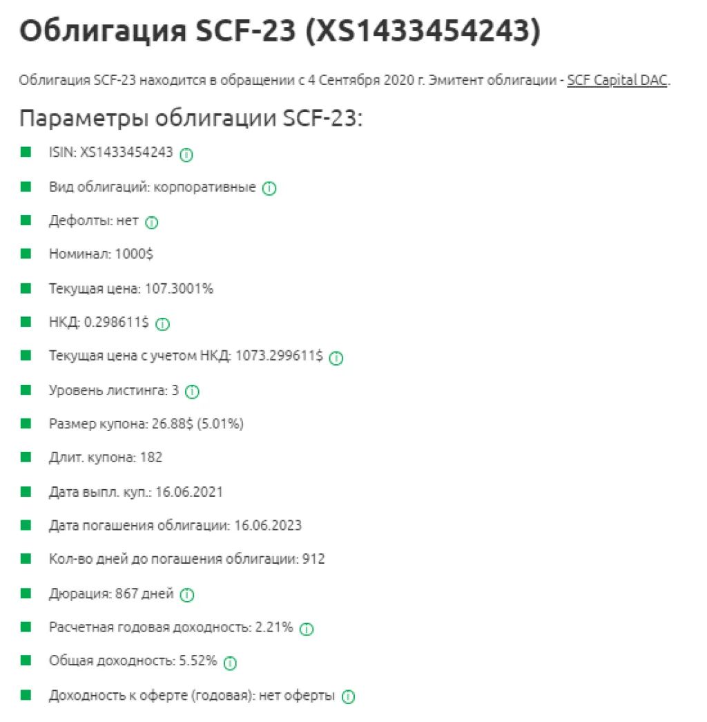 Параметры еврооблигации SCF-23